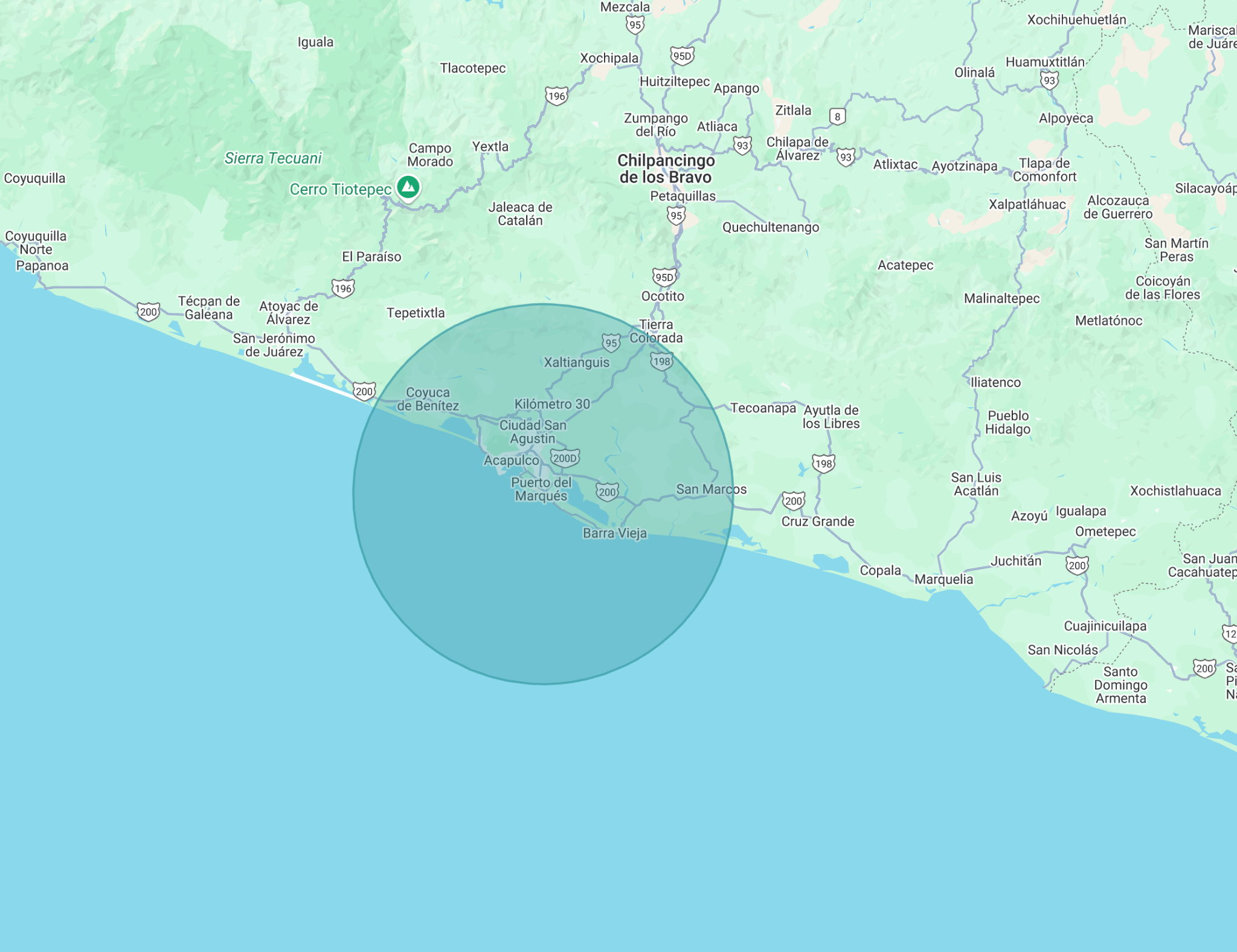Mapa con el círculo de cobertura de Acapulco